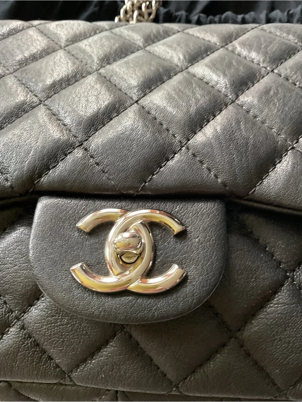 CHANEL Black Quilted Large Flap Shoulder Bag with Silver Chain
